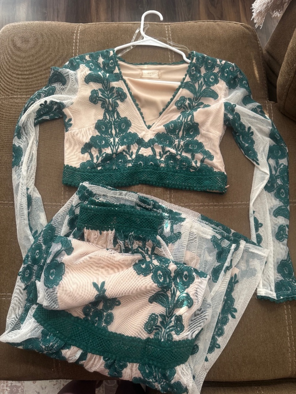 Altar'd State Arissa Teal Embroidered Sheer Blouse and skirt